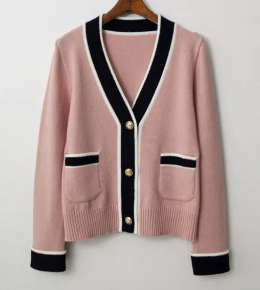 South Korea Chic Brim Contrast Color Sweet Knitted Cardigan