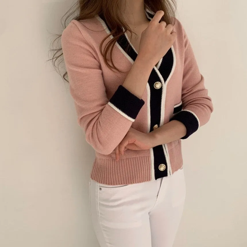 South Korea Chic Brim Contrast Color Sweet Knitted Cardigan