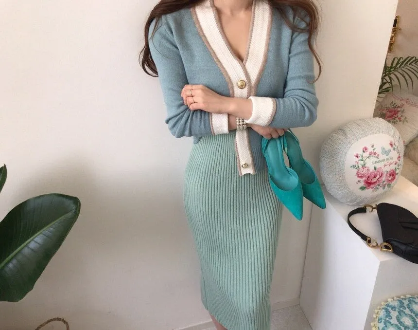 South Korea Chic Brim Contrast Color Sweet Knitted Cardigan