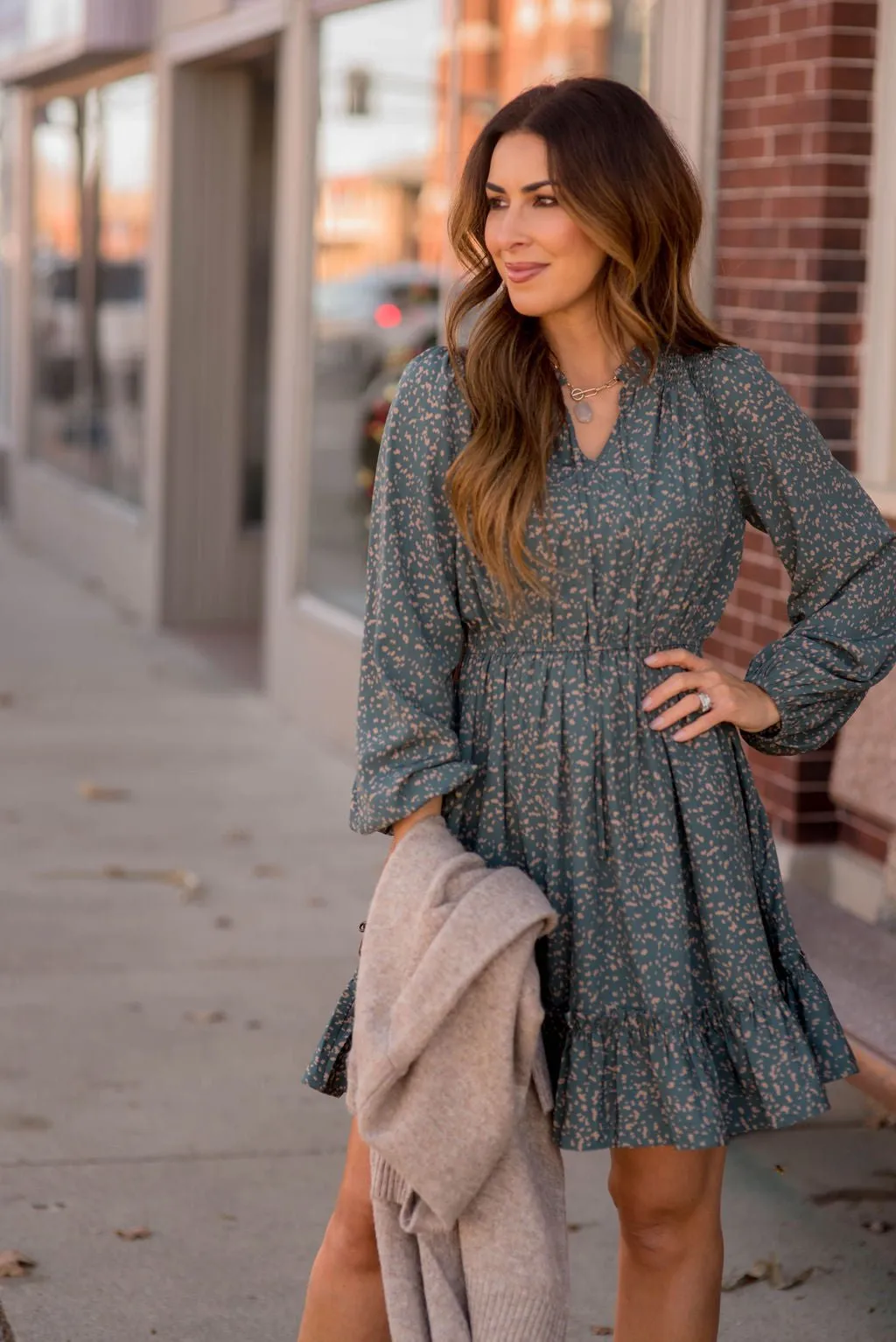 Splattered Long Sleeve Cinched Dress