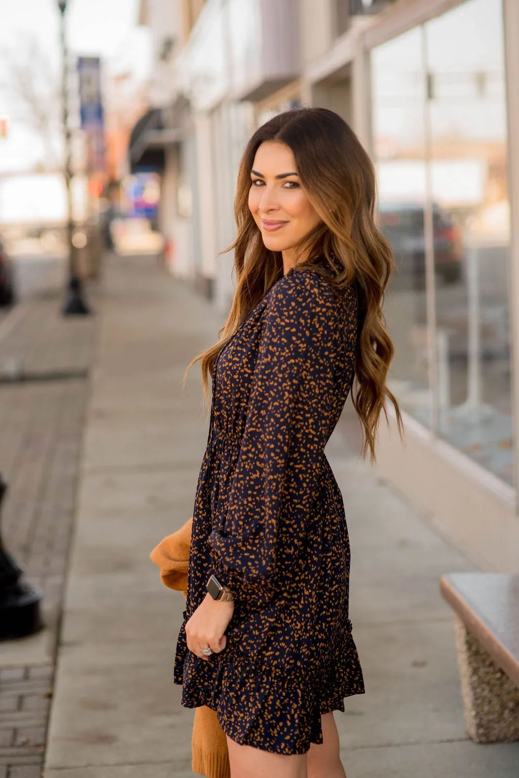 Splattered Long Sleeve Cinched Dress