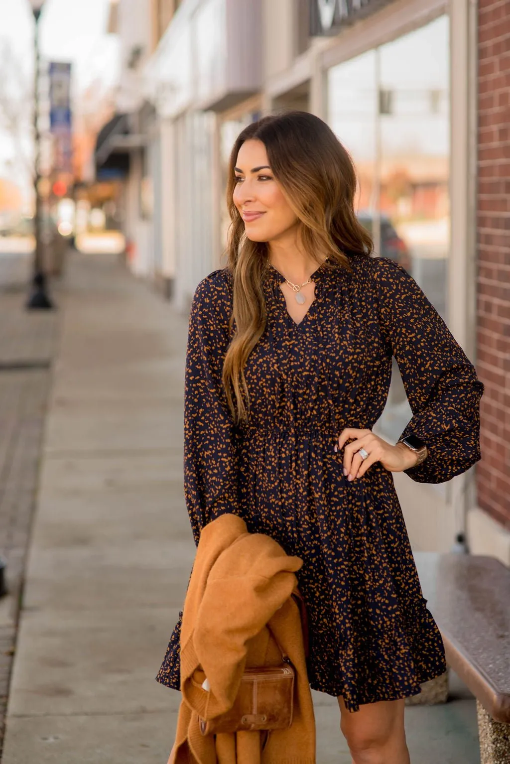 Splattered Long Sleeve Cinched Dress