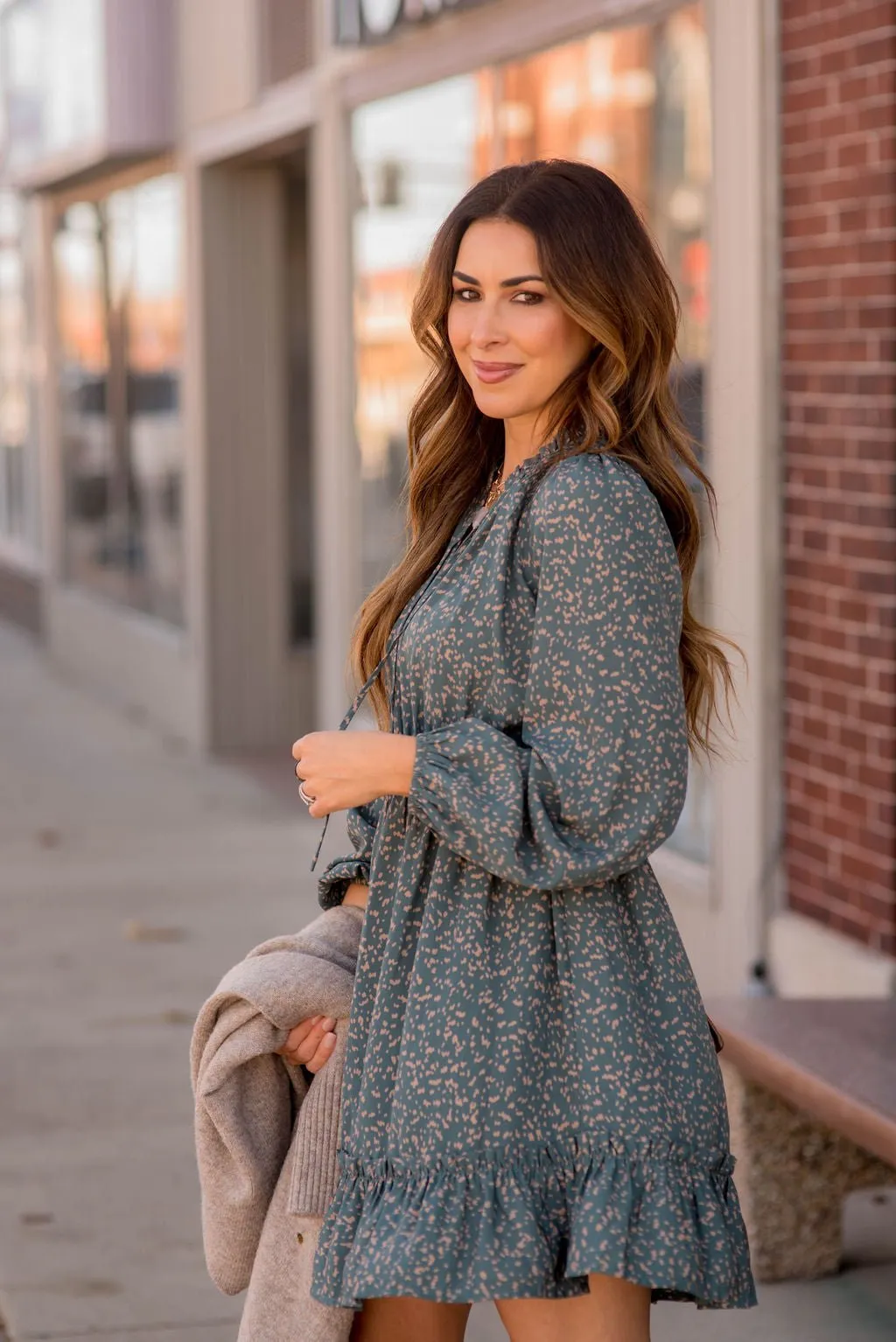 Splattered Long Sleeve Cinched Dress