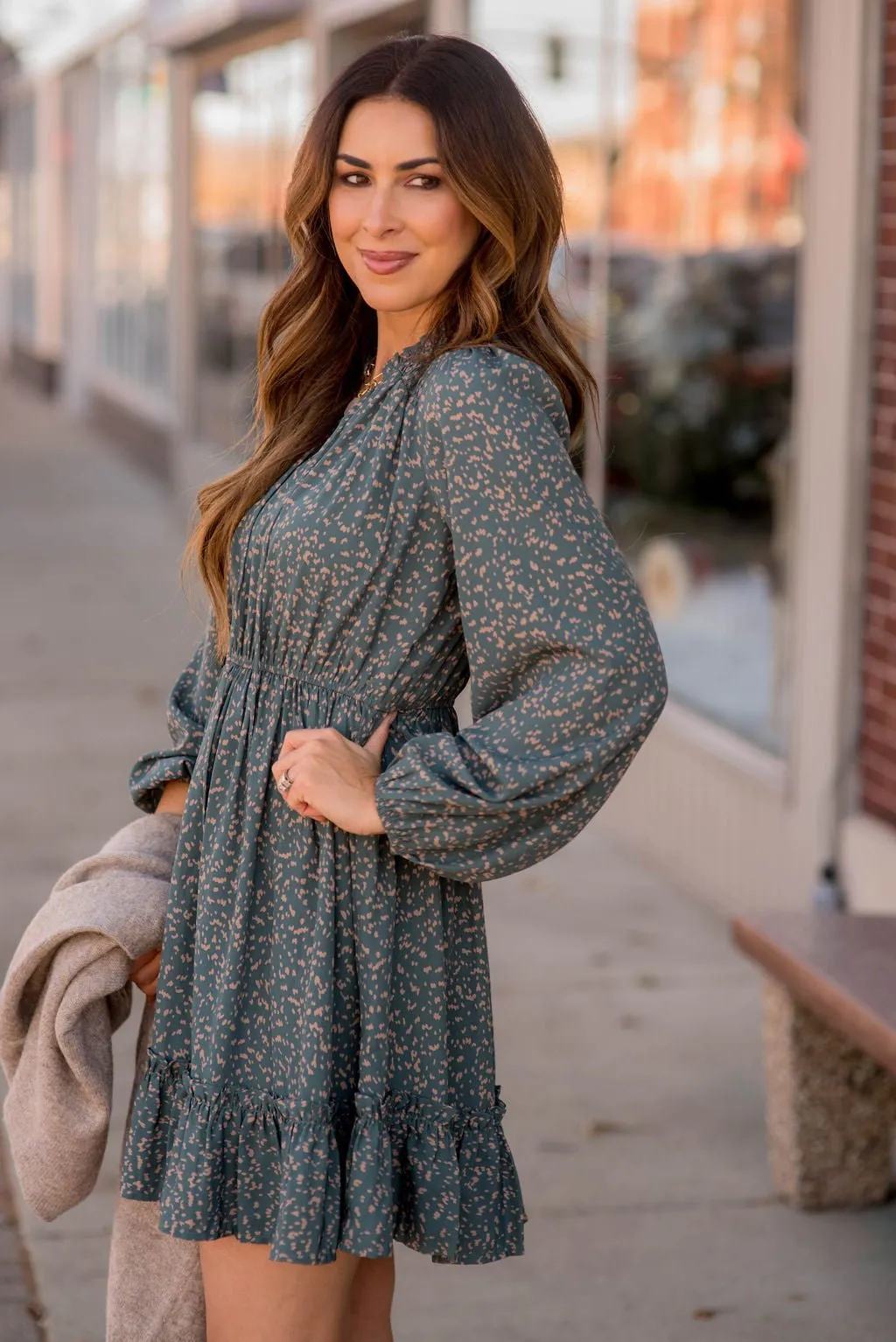 Splattered Long Sleeve Cinched Dress