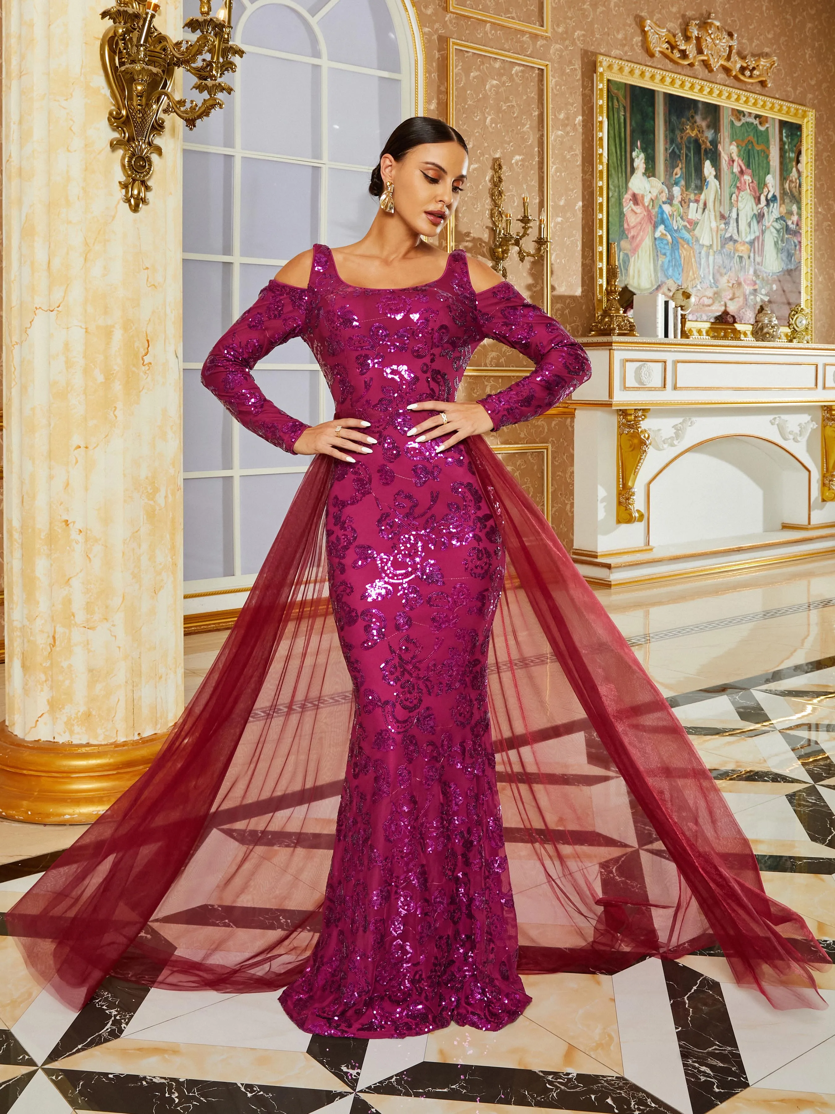 Square Neck Backless Mermaid Cutout Cloak Evening Dress RJ10483