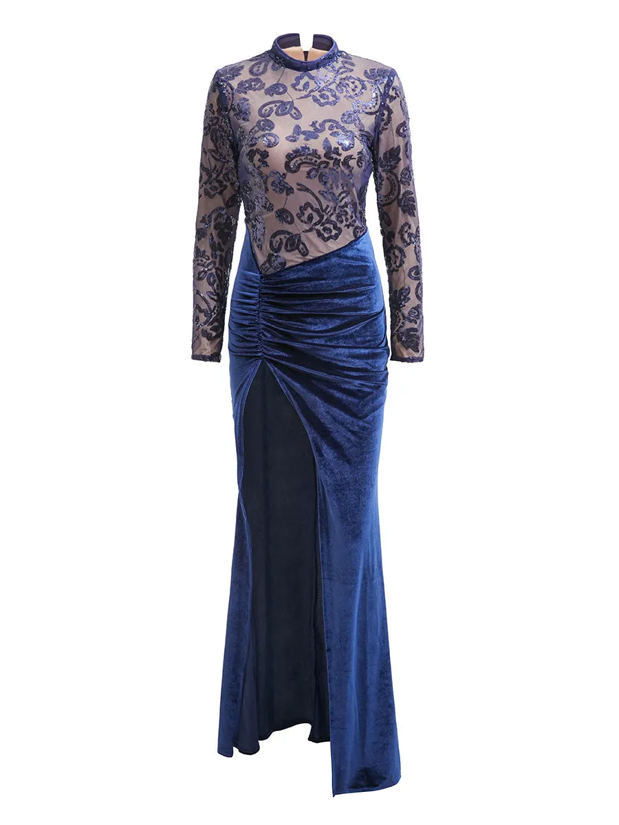 Stand Collar Long Sleeve Blue Velvet Evening Dress RJ10490