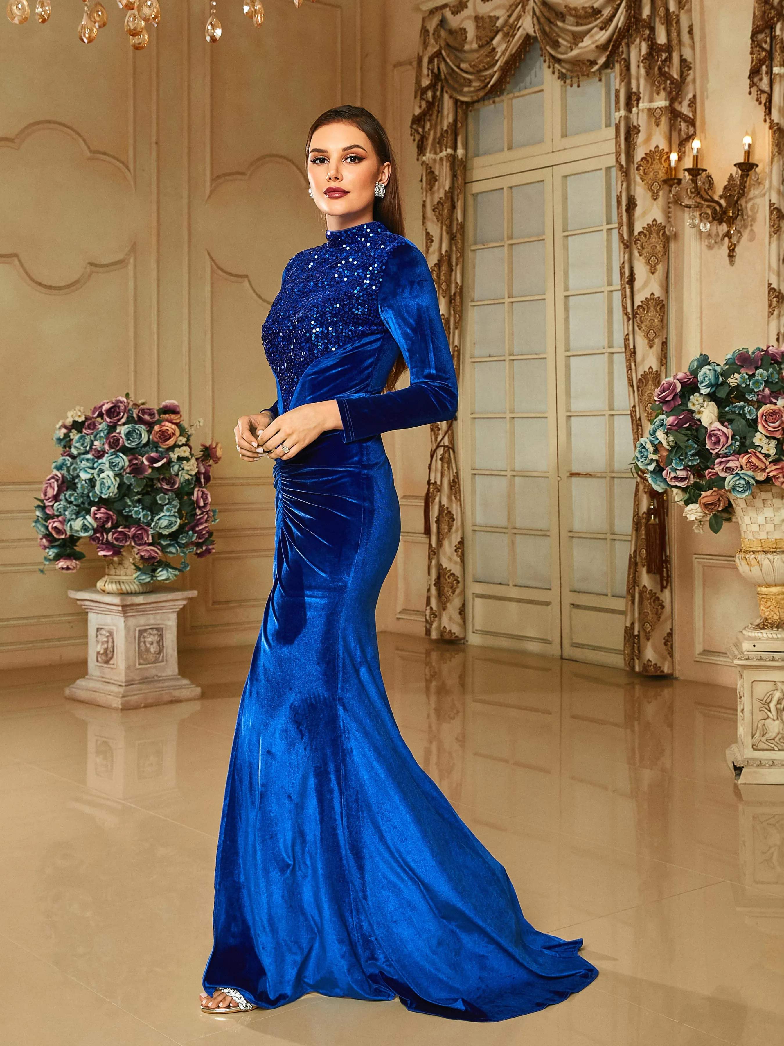 Stand Collar Split Mermaid Pleated Long Sleeve Prom Dress RM20654