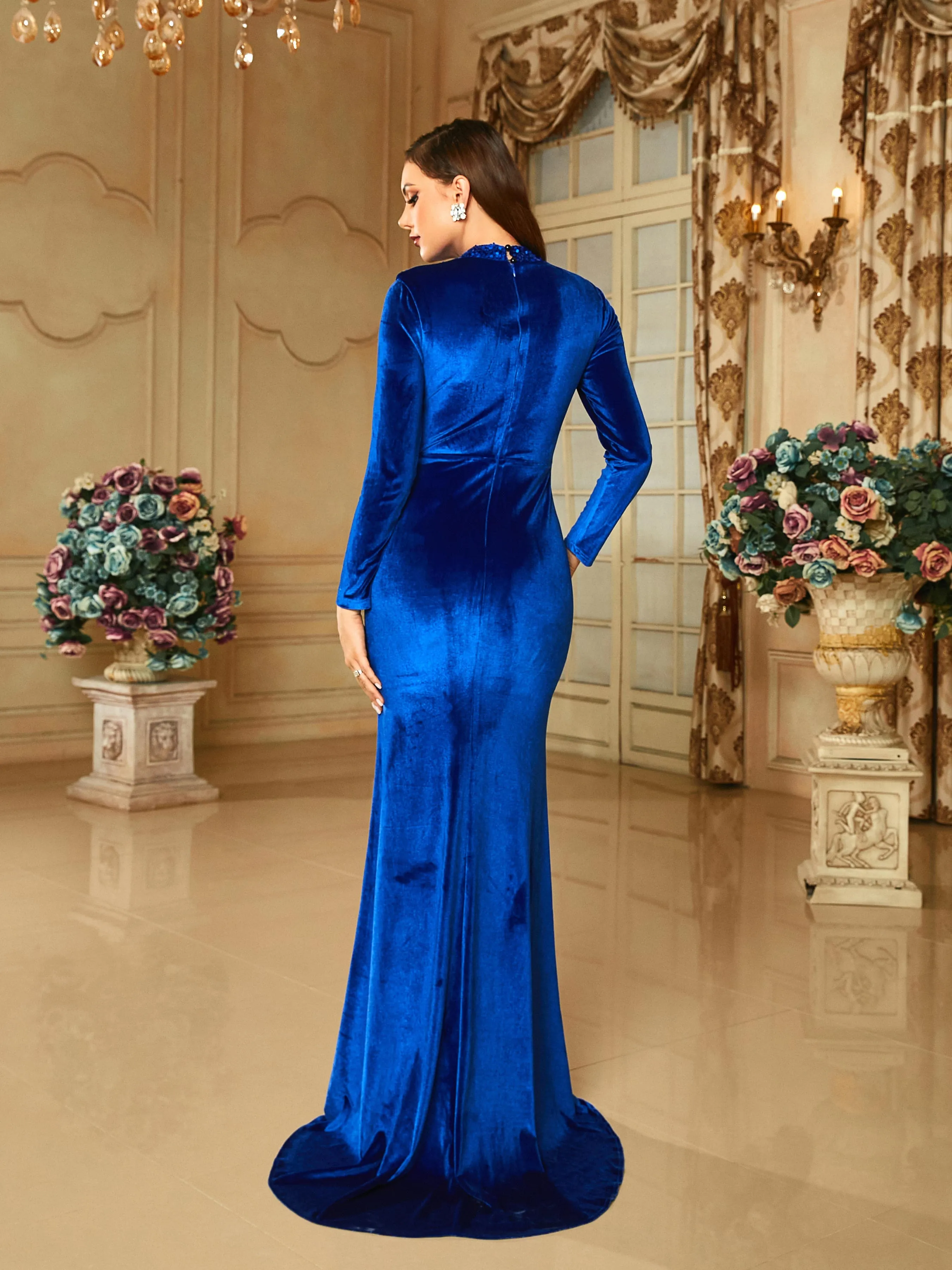 Stand Collar Split Mermaid Pleated Long Sleeve Prom Dress RM20654