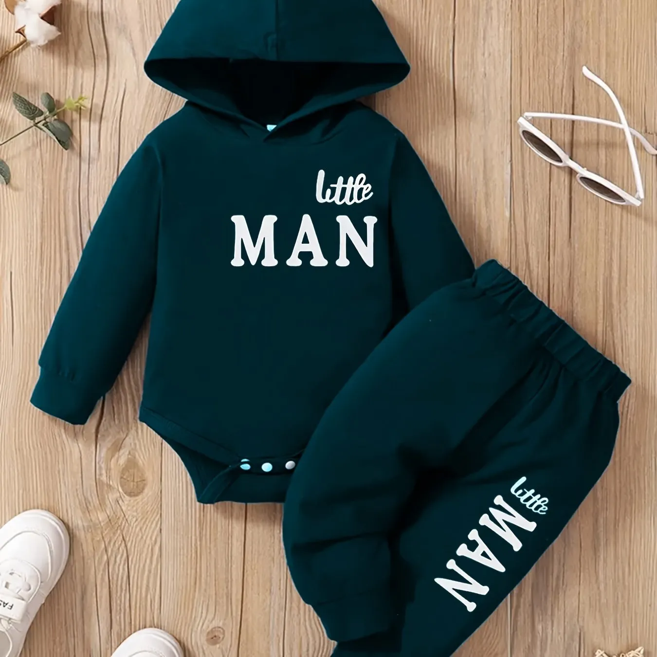 Stylish Hooded Letter Print Bodysuit  Trousers Set for Boys