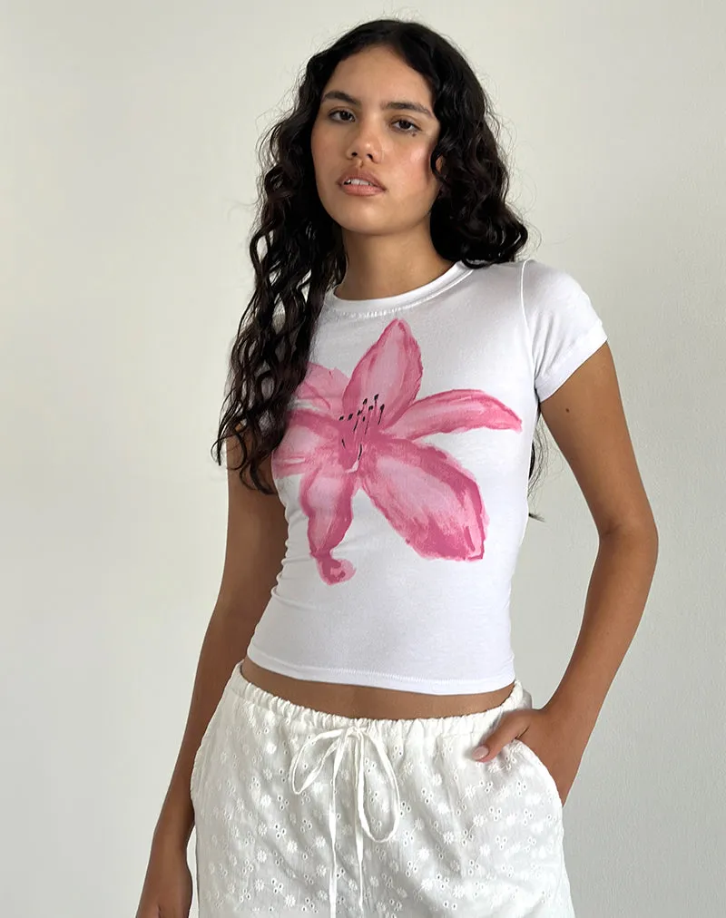 Sutin Tee in White with Painted Flower Pink