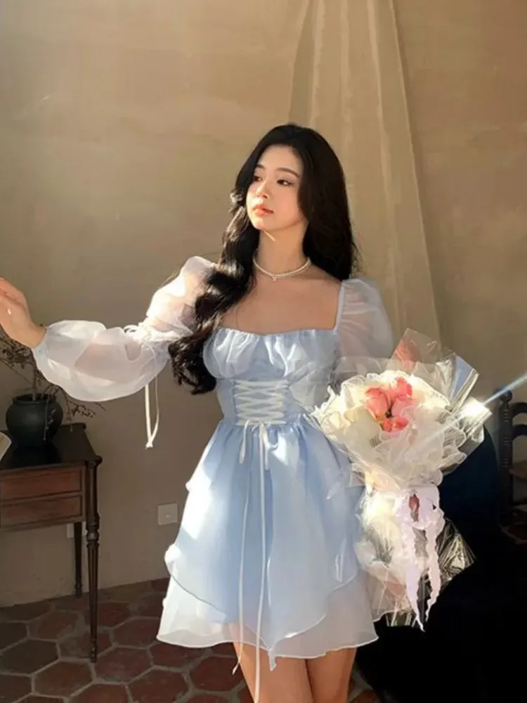 Sweet Kawaii Mini Dress Vintage Korean Elegant Fashion Party Dress Women Fairy Princess Puff Sleeve Chic Summer Prom Dress