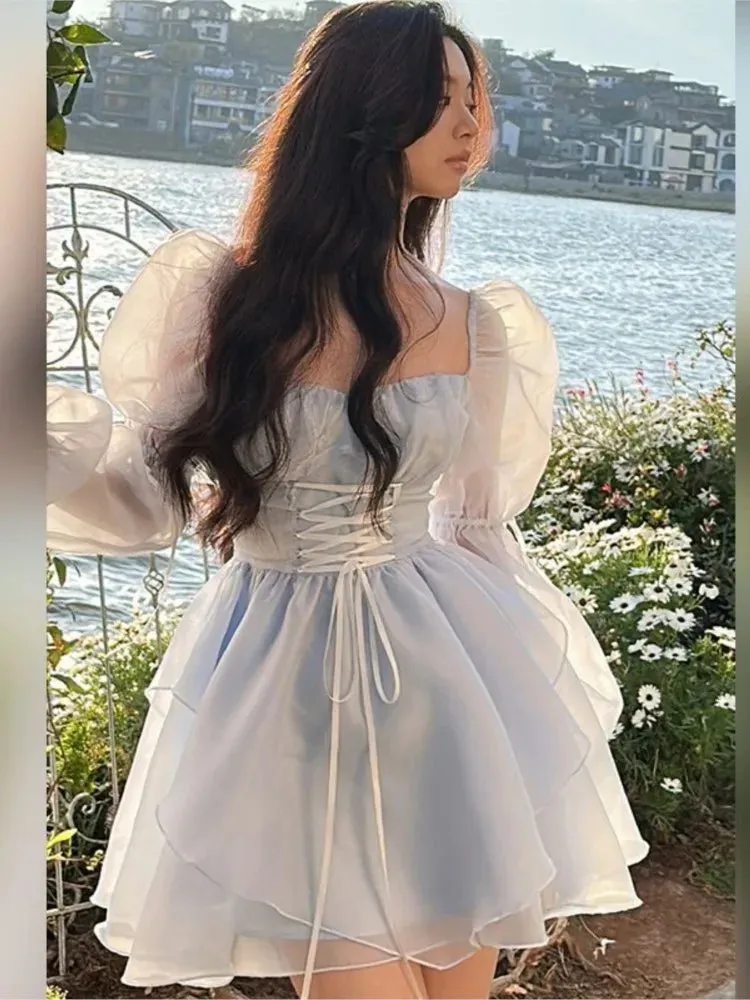 Sweet Kawaii Mini Dress Vintage Korean Elegant Fashion Party Dress Women Fairy Princess Puff Sleeve Chic Summer Prom Dress