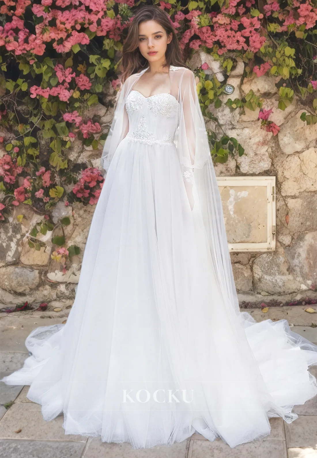 Sweetheart A-Line Wedding Dress Train Appliques Lace Bridal Dress with Wrap