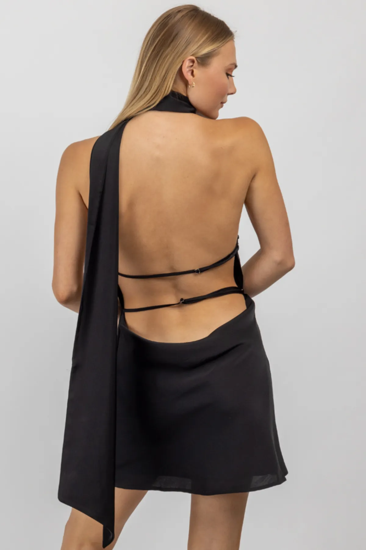 TAKE NOTICE BLACK OPEN BACK MINI DRESS