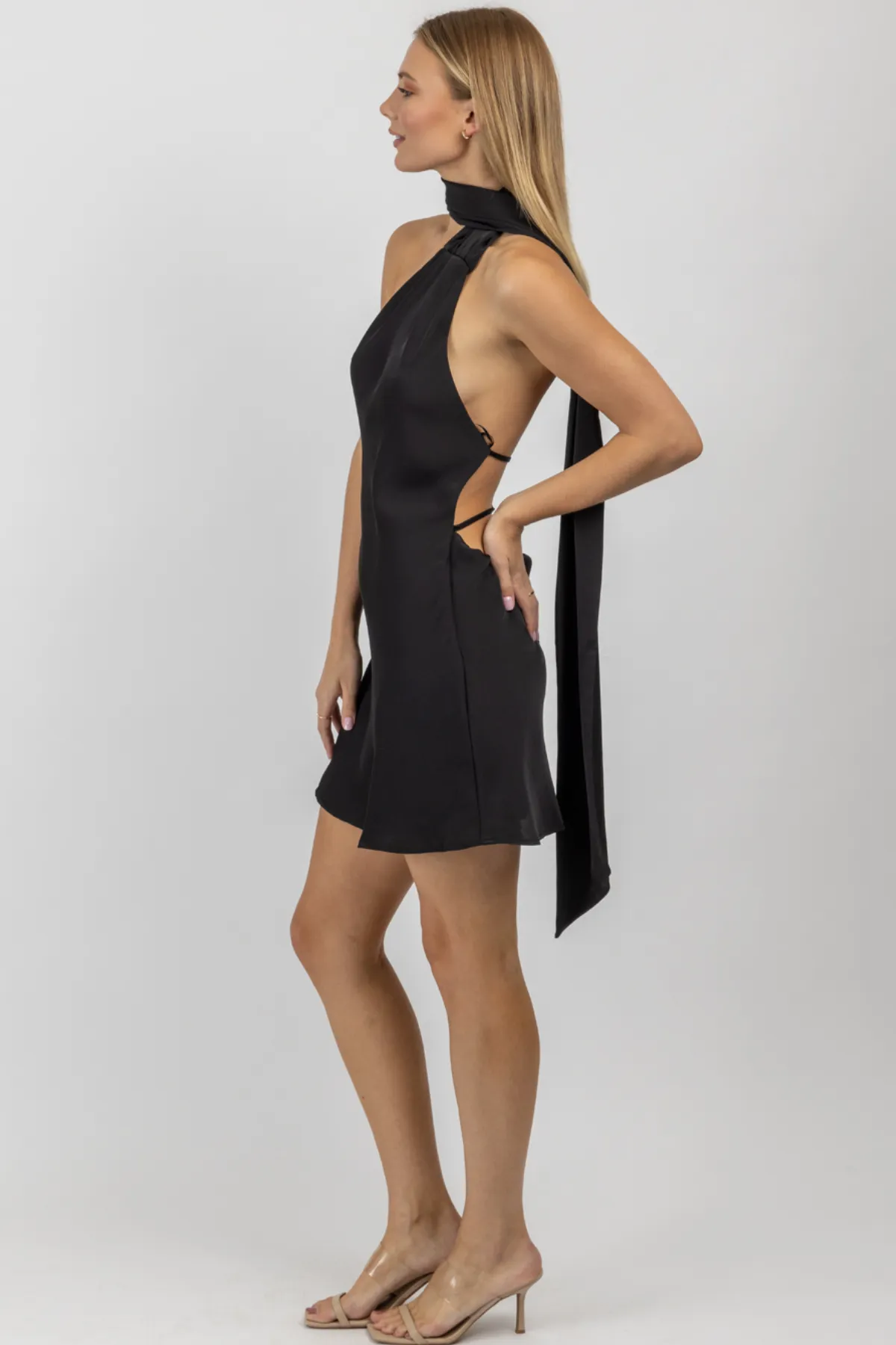 TAKE NOTICE BLACK OPEN BACK MINI DRESS