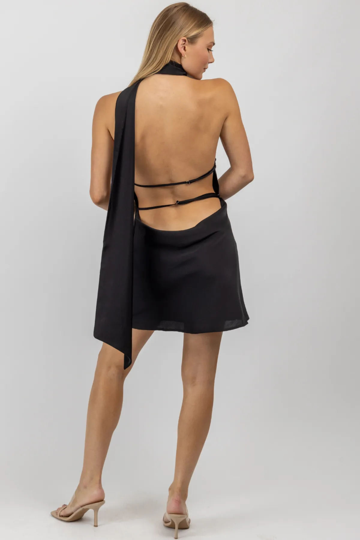 TAKE NOTICE BLACK OPEN BACK MINI DRESS