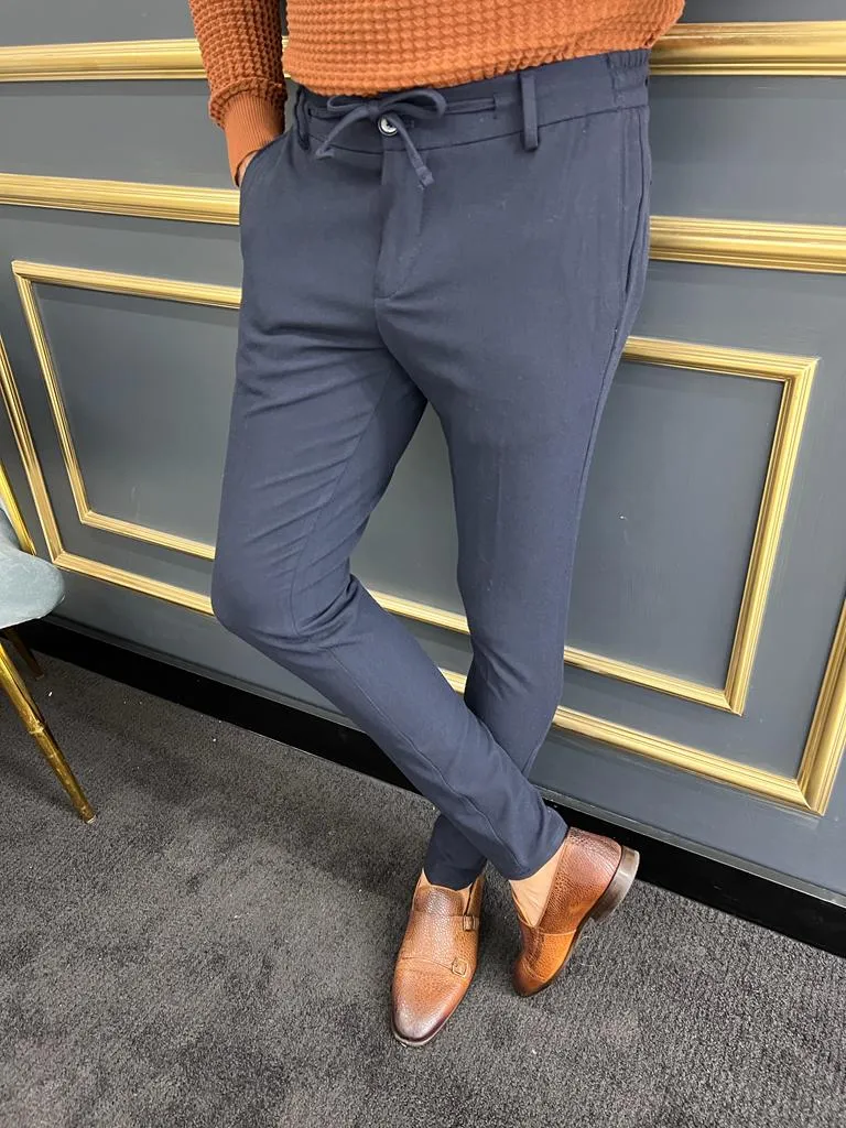 Thread Slim Fit Rope Detailed Dark Blue Trouser