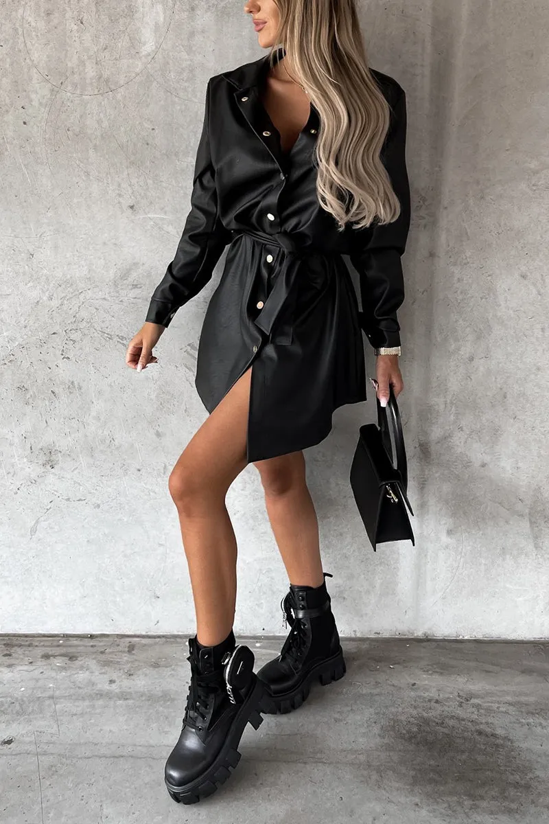 Timeless Button Down Trendy Faux Leather Shacket Dress