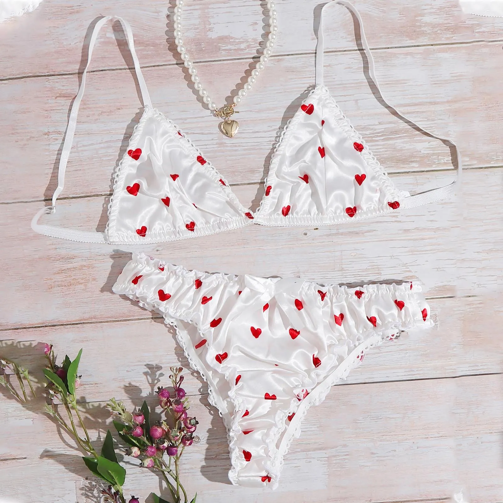 Underwear Fashion Ladies Sexy Kiss-Skinned Ding Sexy Lingerie Love Flower Pajamas Set