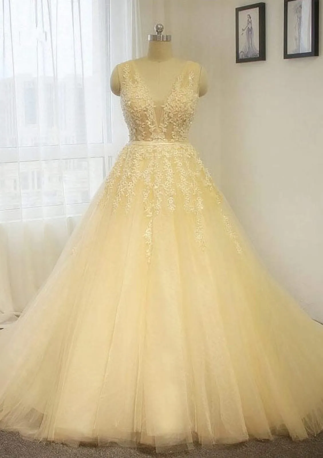 V-Neck Chapel Train A-Line Sleeveless Champagne Tulle Wedding Dress