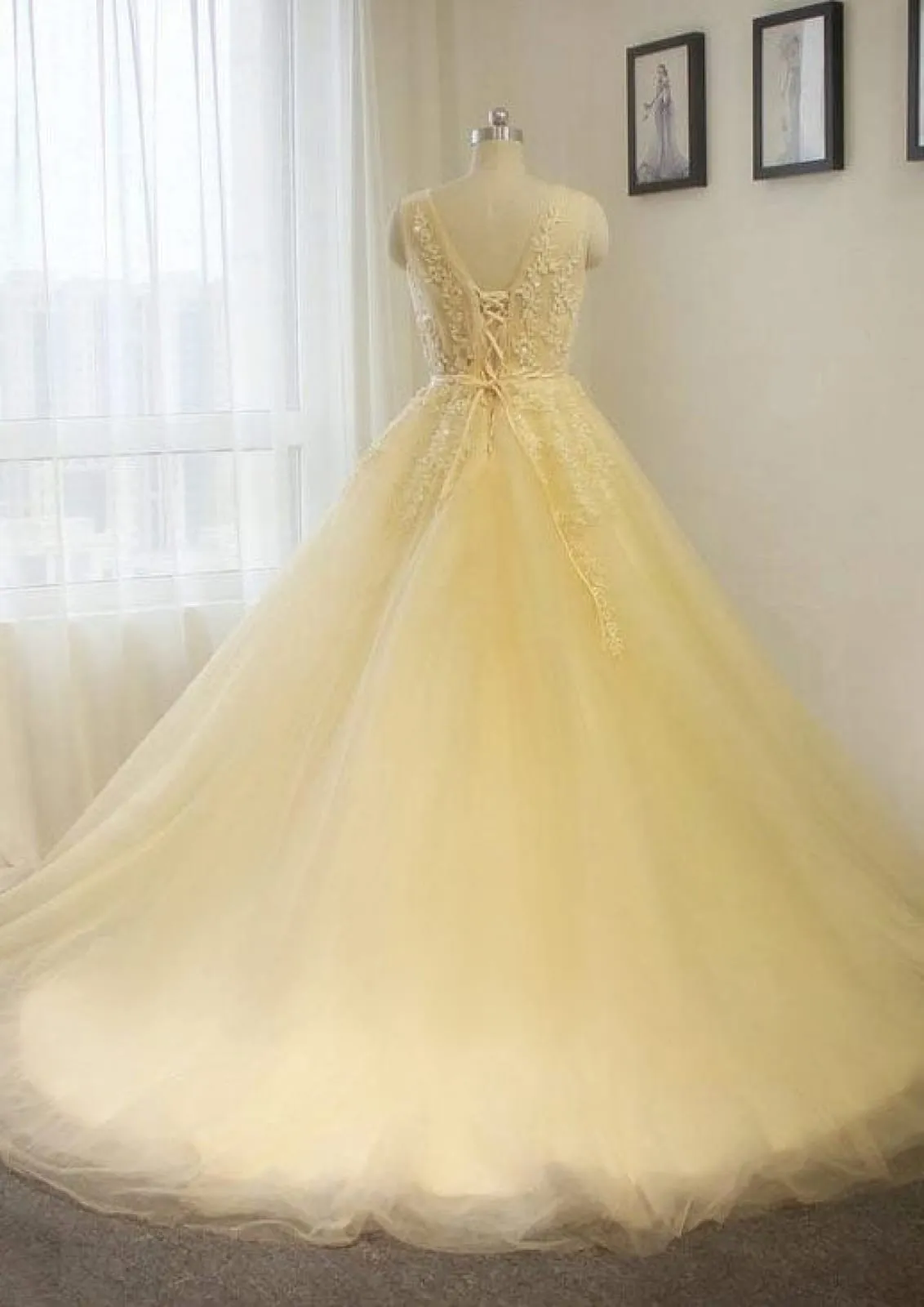 V-Neck Chapel Train A-Line Sleeveless Champagne Tulle Wedding Dress