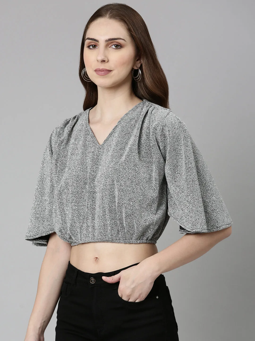 V-Neck Embellished Flared Sleeves Silver Crop Top