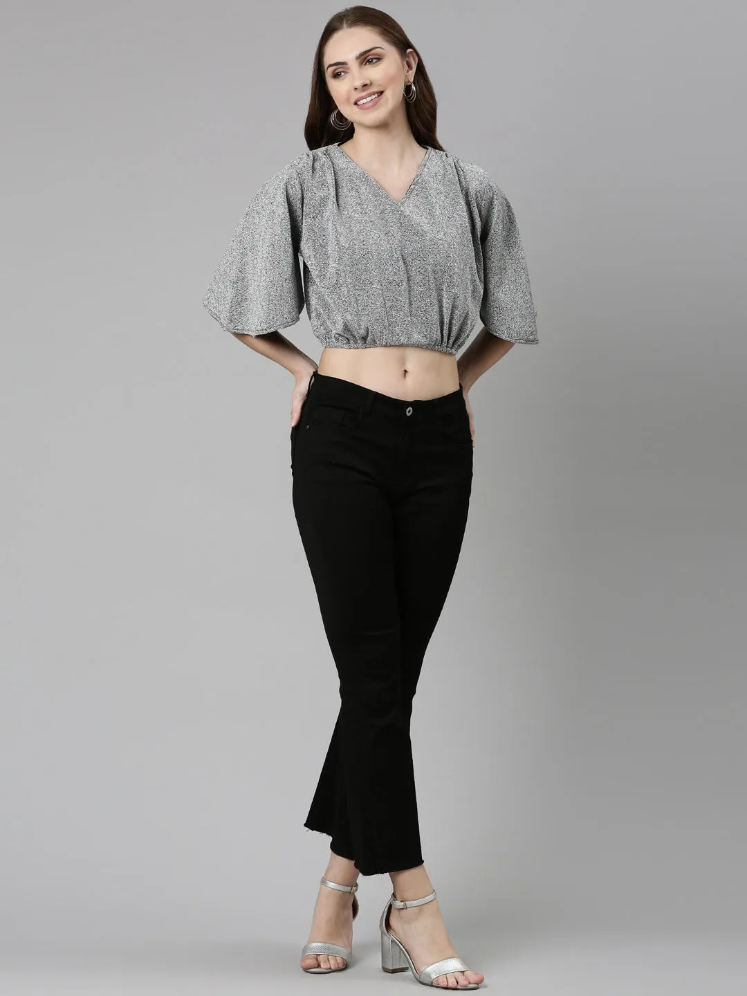 V-Neck Embellished Flared Sleeves Silver Crop Top