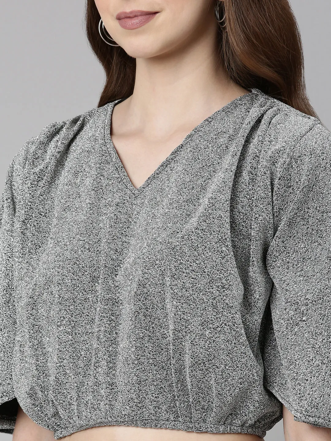 V-Neck Embellished Flared Sleeves Silver Crop Top