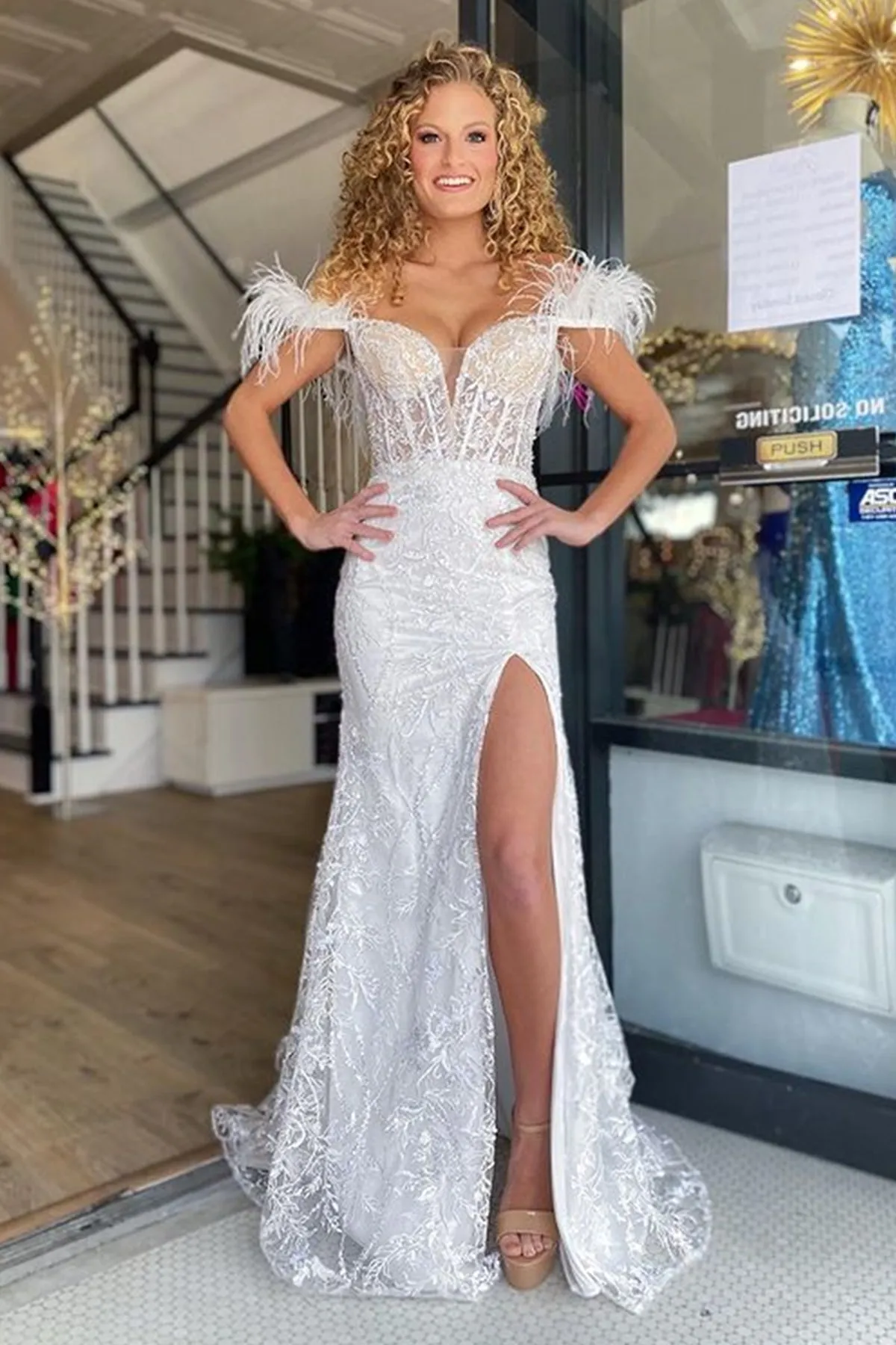 V Neck Mermaid White Lace Long Prom Dress with High Slit, Mermaid White Formal Dress, White Lace Evening Dress A1765