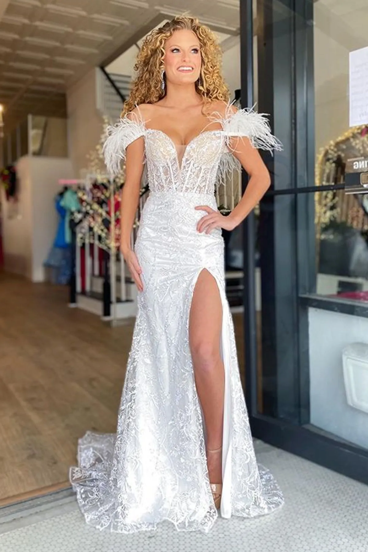 V Neck Mermaid White Lace Long Prom Dress with High Slit, Mermaid White Formal Dress, White Lace Evening Dress A1765