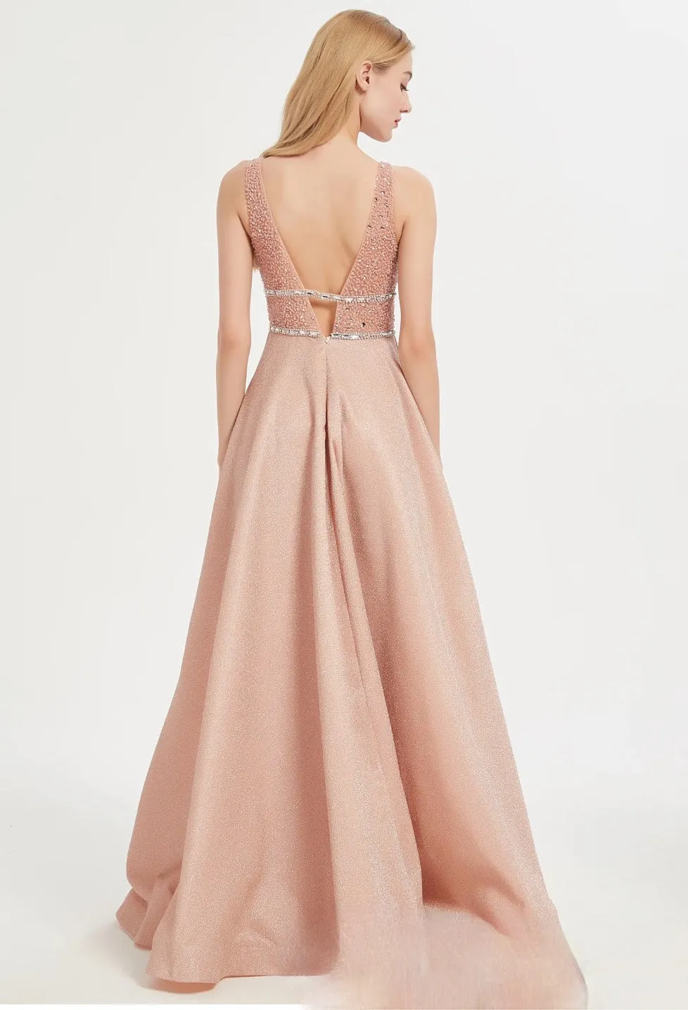 V-Neck Shinny Bridesmaid Dresses with Beaded Bodice