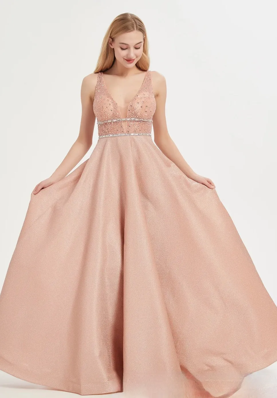 V-Neck Shinny Bridesmaid Dresses with Beaded Bodice