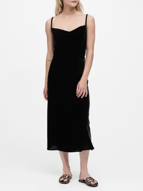 Velvet Midi Slip Skirt in Black