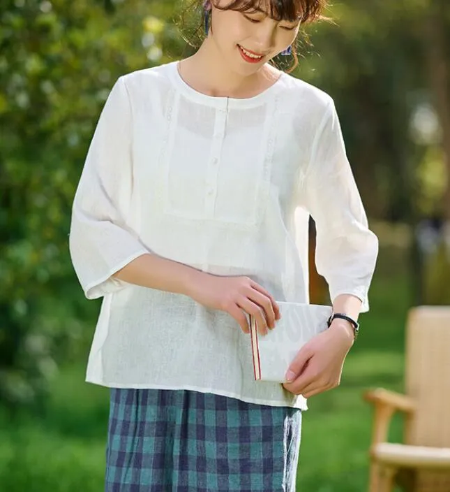 White Linen Tops Round Collar Women Linen Shirt Tops 6107