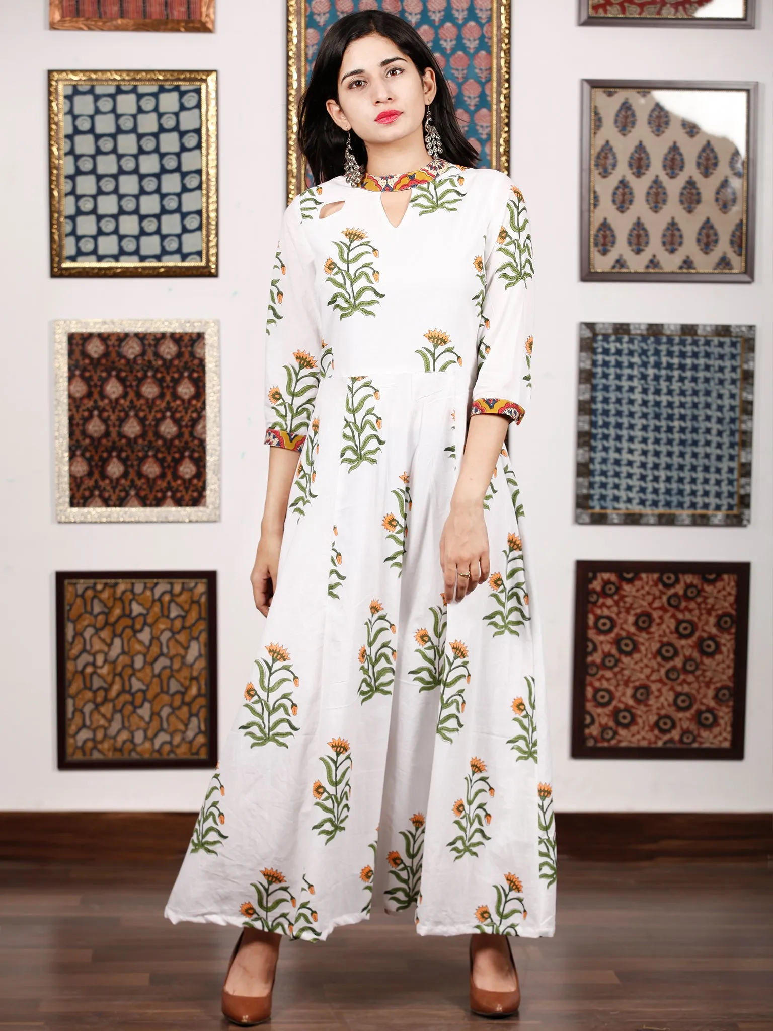 White Mustard Green Hand Block Printed Panel Cotton Long Dress - D282F1499