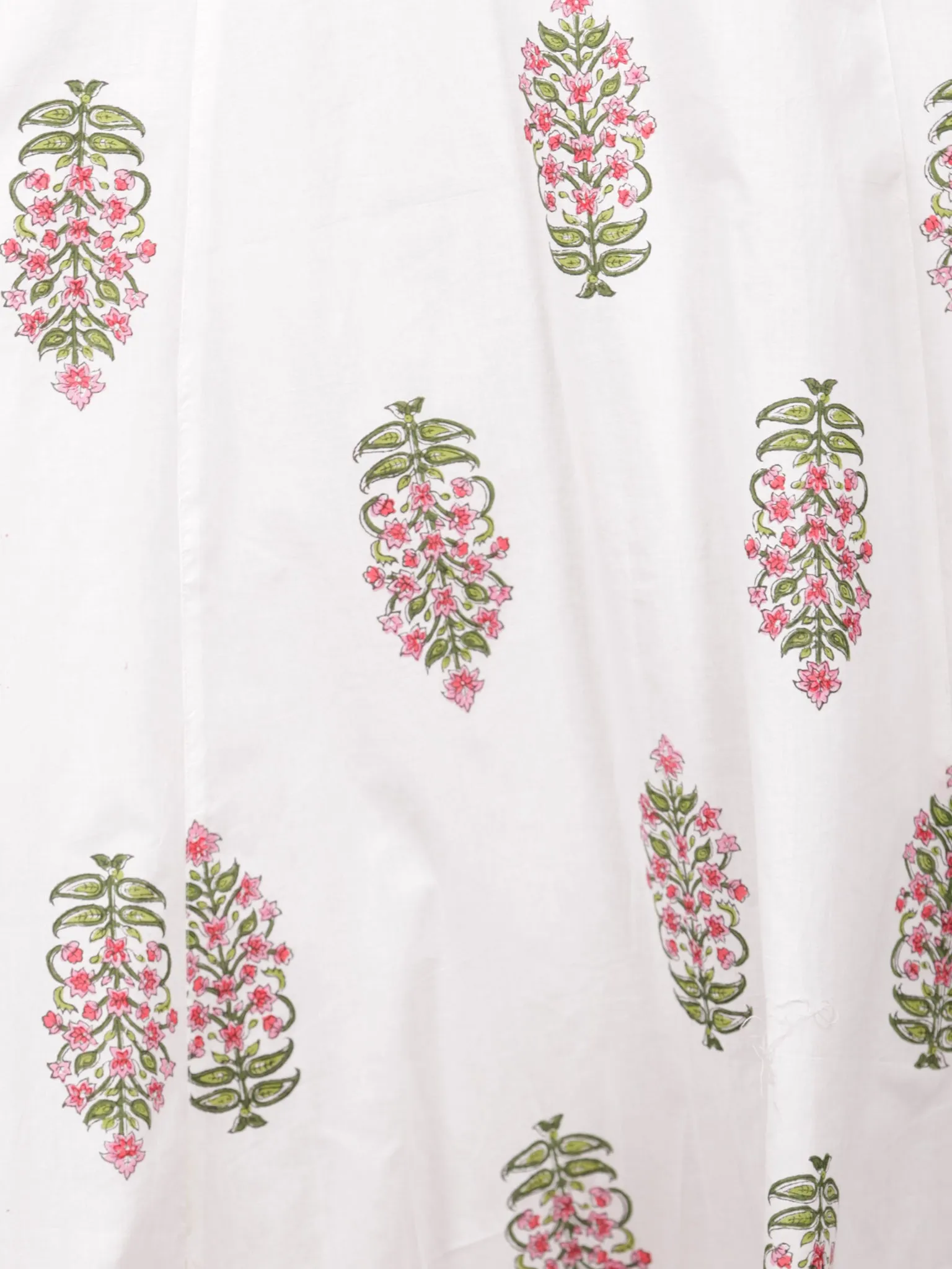 White Pink Green Hand Block Printed Panel Cotton Long Dress With Cape (Set of 2) - D282F1502