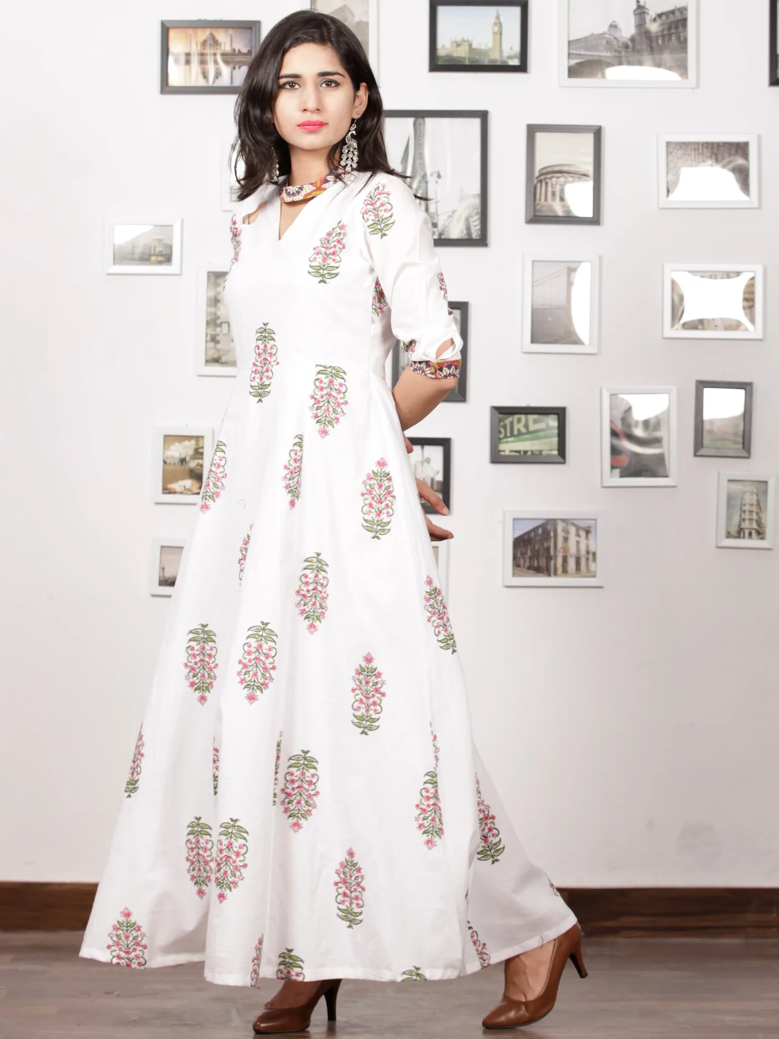 White Pink Green Hand Block Printed Panel Cotton Long Dress With Cape (Set of 2) - D282F1502