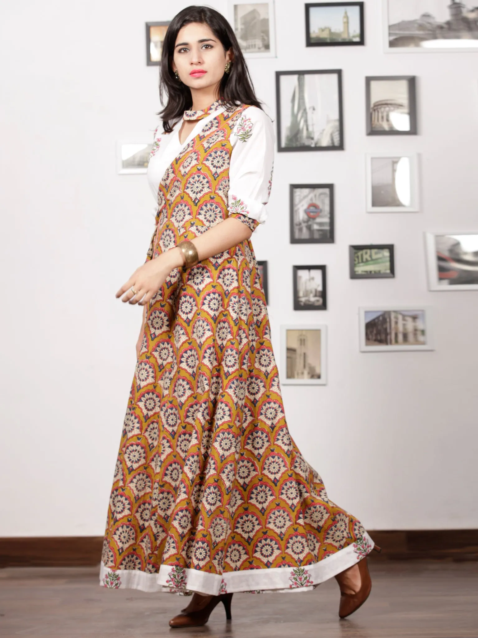 White Pink Green Hand Block Printed Panel Cotton Long Dress With Cape (Set of 2) - D282F1502