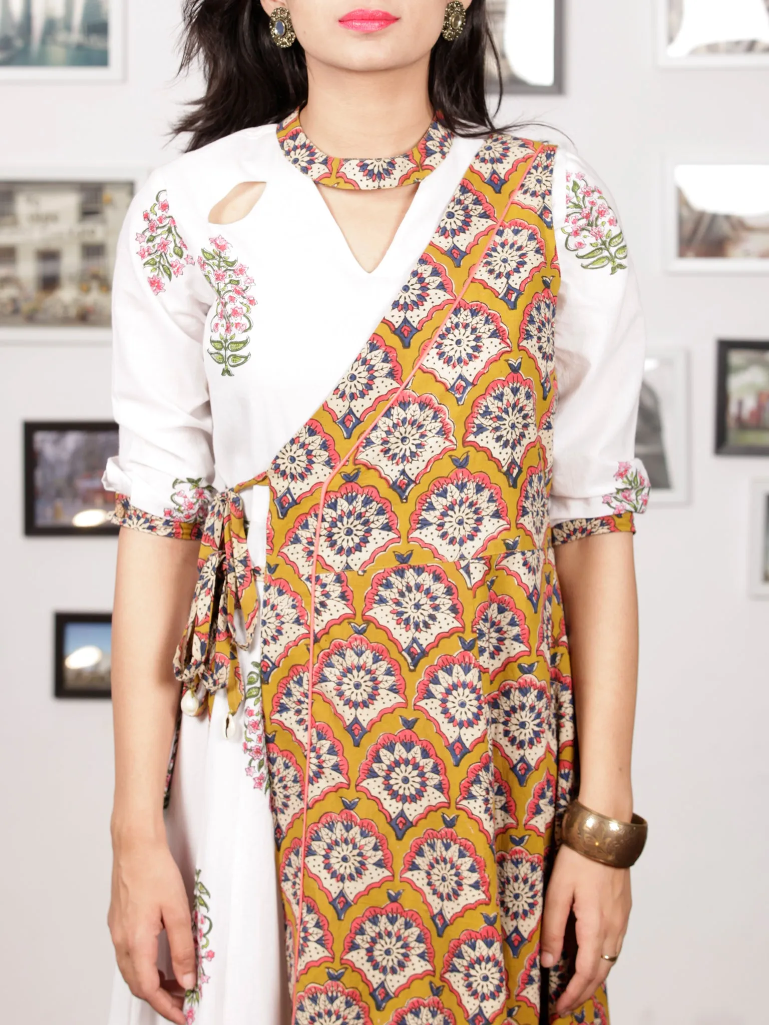 White Pink Green Hand Block Printed Panel Cotton Long Dress With Cape (Set of 2) - D282F1502