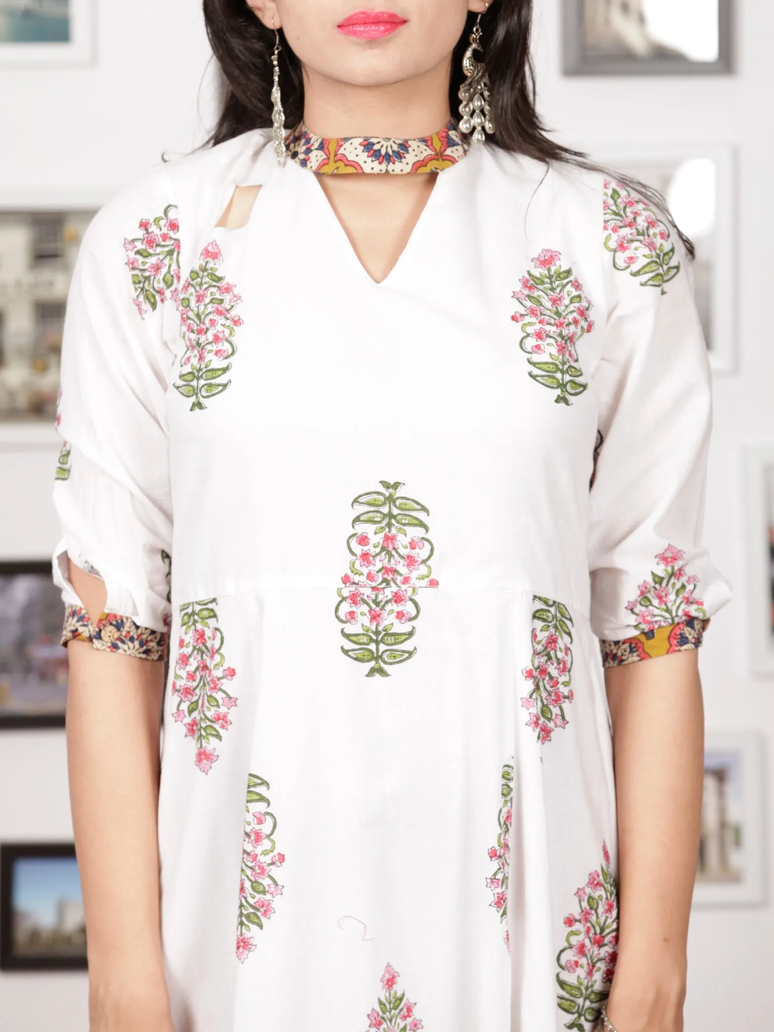 White Pink Green Hand Block Printed Panel Cotton Long Dress With Cape (Set of 2) - D282F1502