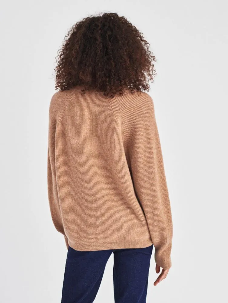 White   Warren - Cashmere Ribbed Patch Pocket Cardigan in Camel Heather