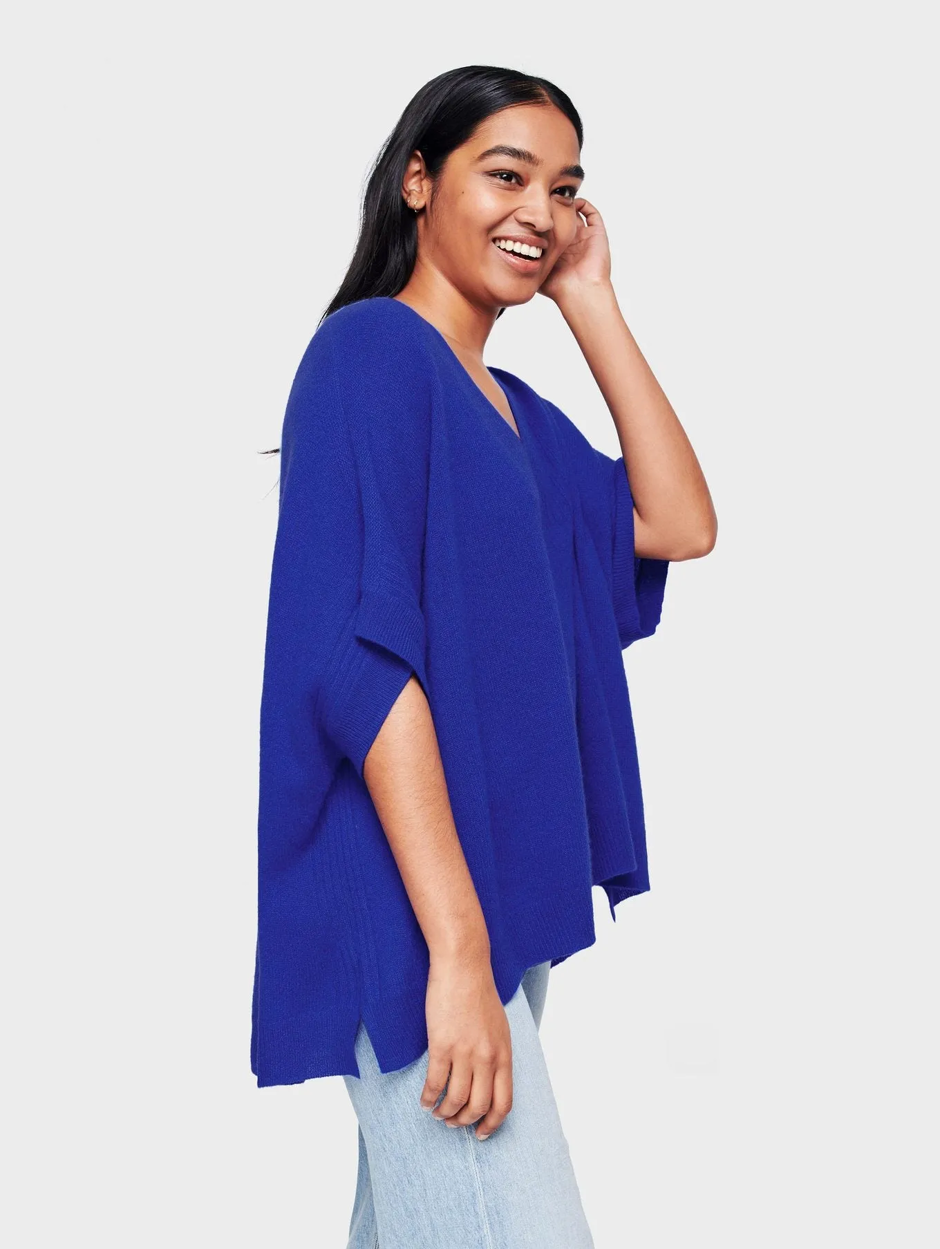 White   Warren - Rib Trim Poncho in Casa Blue