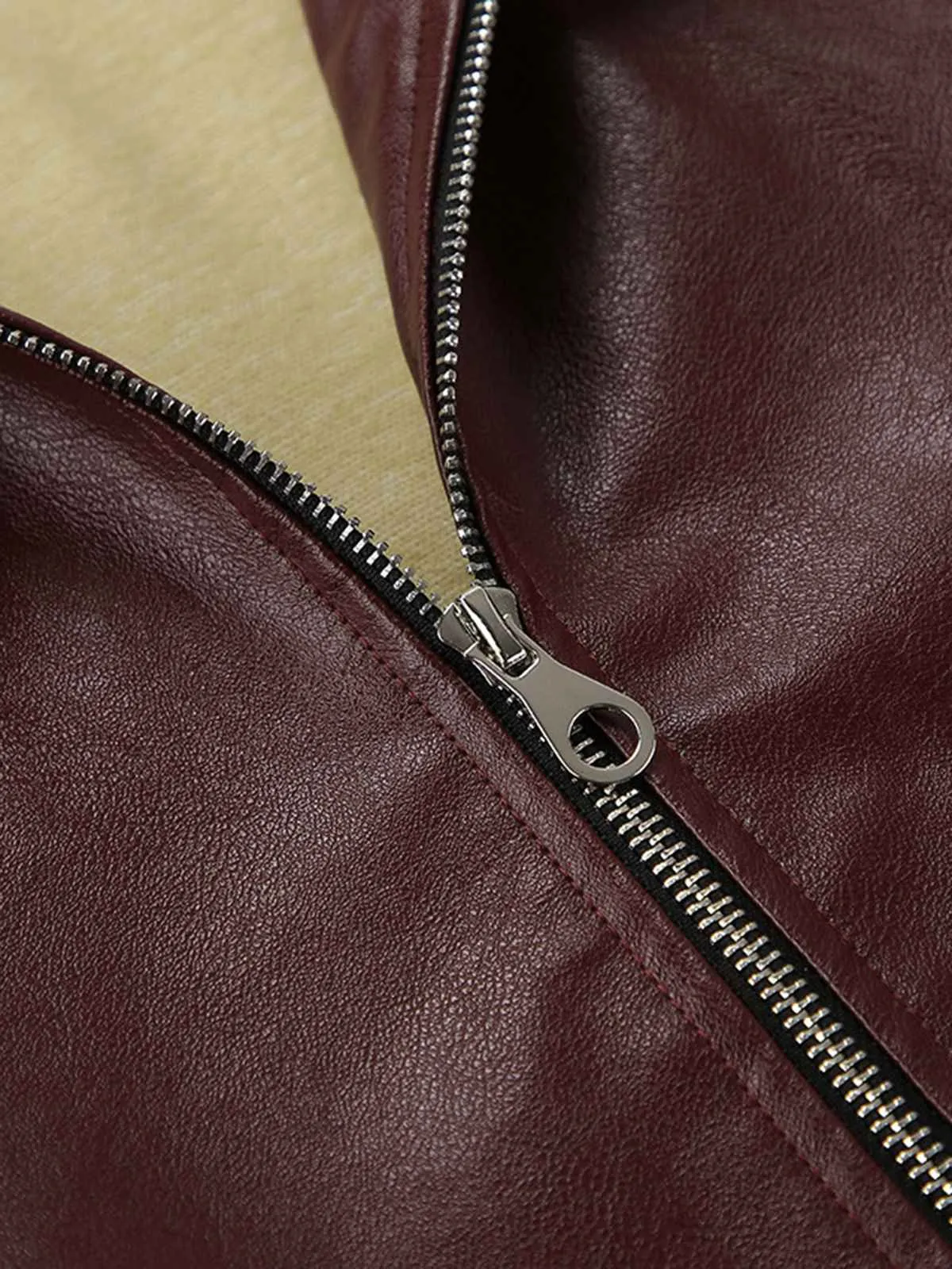 Wine Red 1950s Imitation Leather Zipper Coat