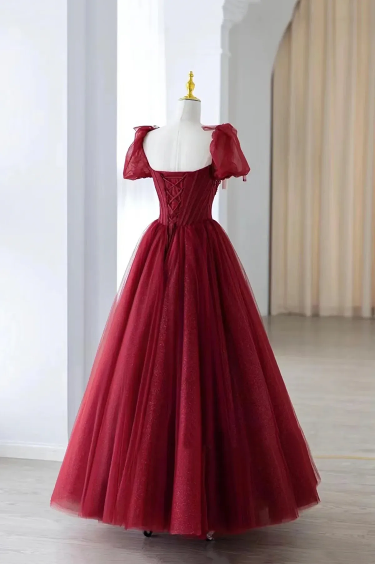 Wine Red Tulle A-line Beaded Long Formal Dress, Wine Red Tulle Prom Dress