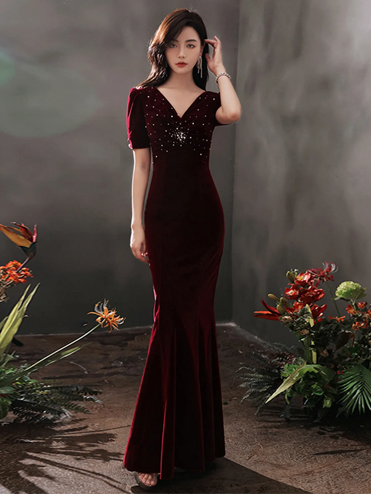 Wine Red Velvet Beaded Short Sleeves Long Party Dress, Wine Red Mermaid Prom Dress