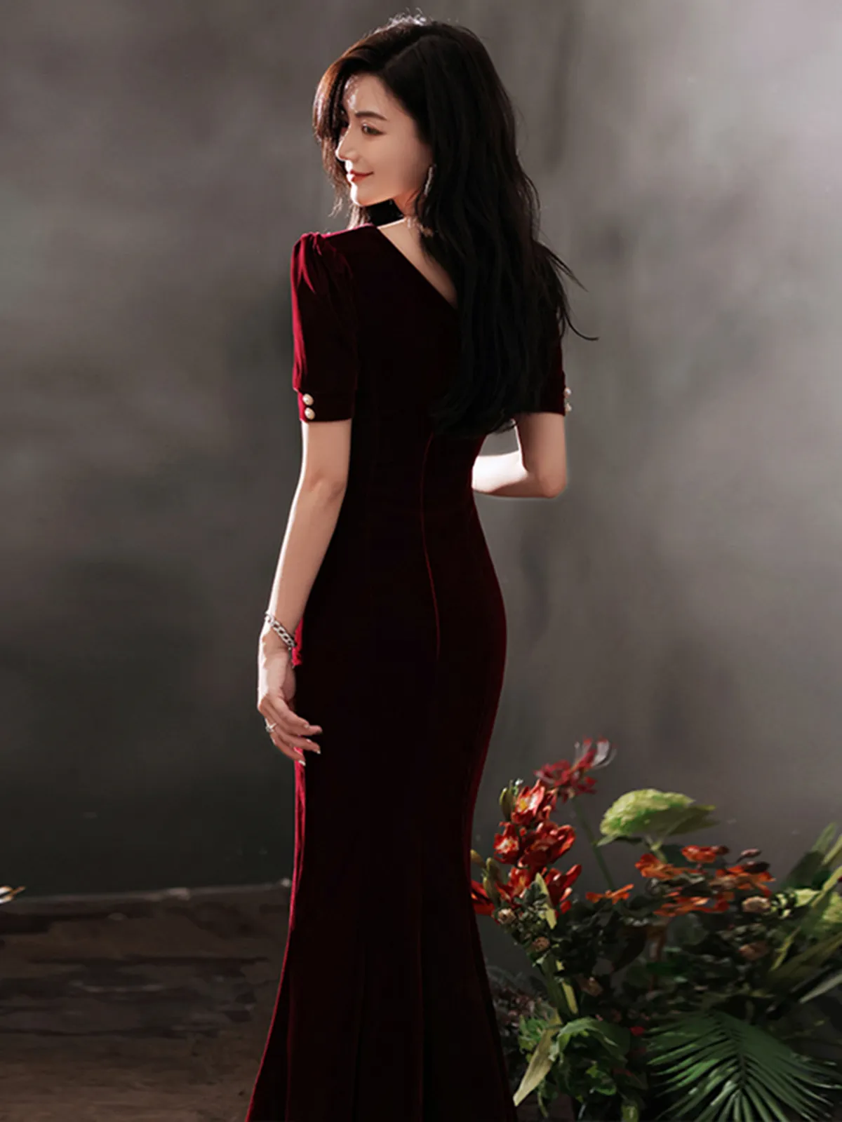 Wine Red Velvet Beaded Short Sleeves Long Party Dress, Wine Red Mermaid Prom Dress