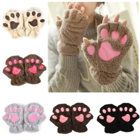 Winter Women Cute Cat Paw Claw Plush Mittens Short Fingerless Finger Half Gloves-J117