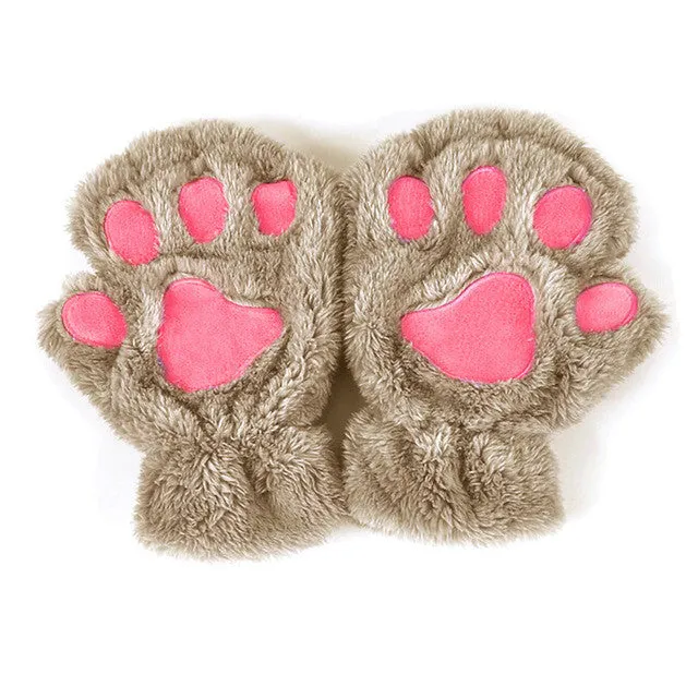 Winter Women Cute Cat Paw Claw Plush Mittens Short Fingerless Finger Half Gloves-J117