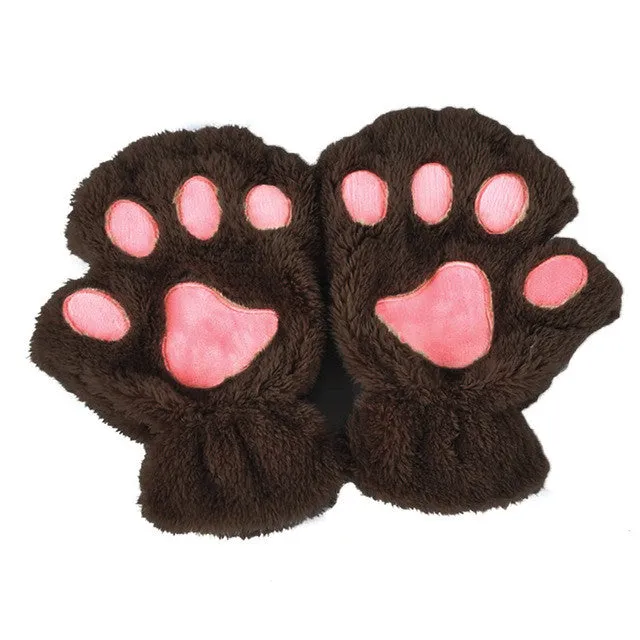 Winter Women Cute Cat Paw Claw Plush Mittens Short Fingerless Finger Half Gloves-J117