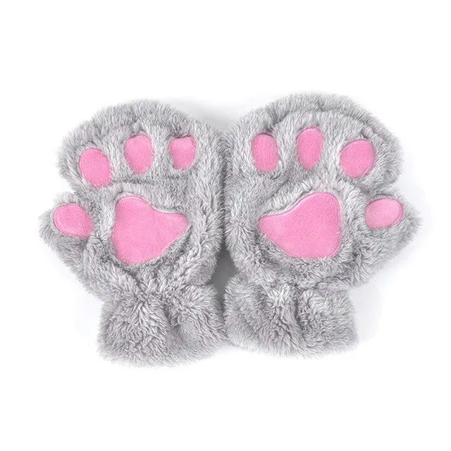 Winter Women Cute Cat Paw Claw Plush Mittens Short Fingerless Finger Half Gloves-J117